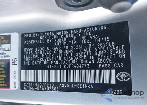 2015 Toyota Camry Le z USA, uszkodzony, nr VIN 4T4BF1FK0FR494773